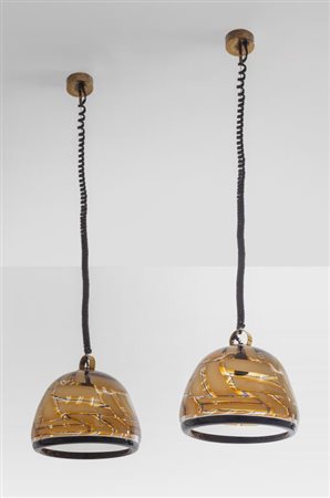 BAROVIER & TOSO Due lampade a sospensione, fine anni '50 Ottone, vetro...