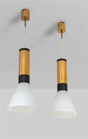 STILNOVO Due lampade a sospensione "1135", anni '60. Ottone, alluminio...