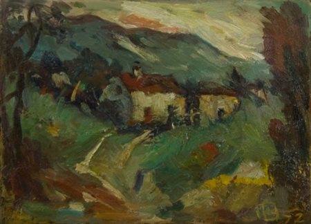 Luigi Bront, Casetta tra le colline, 1972 Olio su cartone, cm. 23x31 Firma in...