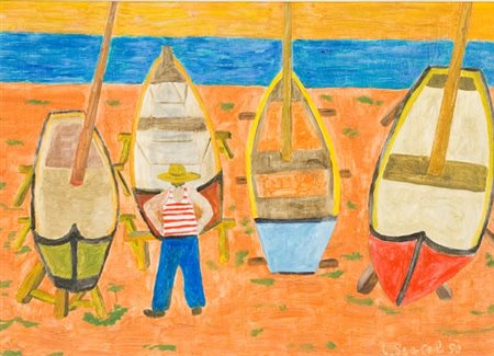 Luigi Spacal, Barche in spiaggia, 1950 Olio su tavola, cm. 30x40 Firma in...