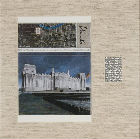 Christo, Wrapped Reichstag, Postcard e tessuto, cm. 22x22 Firma in alto al...