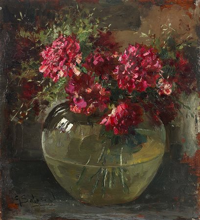 Giuseppe Solenghi (Milano 1879 - Cernobbio 1944)"Vaso con fiori rossi"olio su...