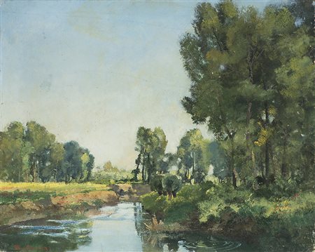Alfonso Corradi (Castelnovo di Sotto 1889 - Milano 1972)"Paesaggio fluviale"...