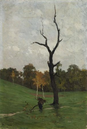 Oreste Silvestri (Pollone 1858 - Milano 1936)"Paesaggio con albero spoglio"...