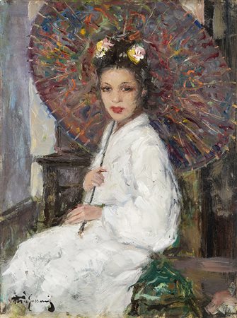 Vittorio Gussoni (Milano 1893 - Sanremo 1968)"Geisha" olio su compensato (cm...