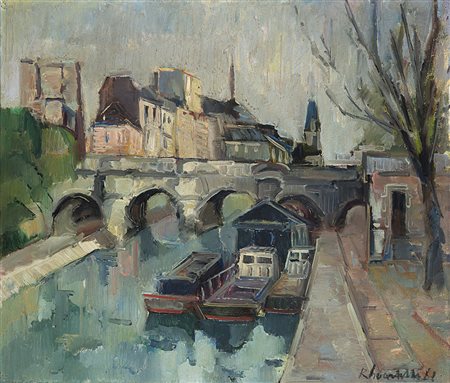 Raffaello Locatelli (Bergamo 1915 - 1984)"Ponte Nuovo. Parigi" '62olio su...