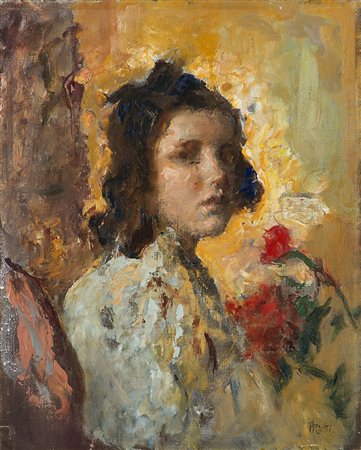 Arturo Rietti (Trieste 1863 - Padova 1943)"Ritratto di ragazza con fiori"olio...