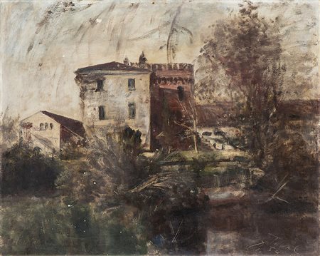 Guido Tallone (Bergamo 1894 - Alpignano 1967)"Paesaggio con case" 1954 olio...