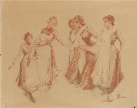 Giovanni Sottocornola (Milano 1855 - 1917)"Chiacchere" disegno a sanguigna su...