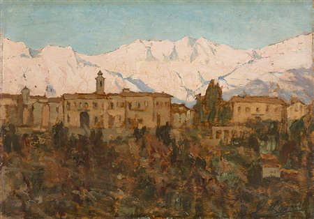 Giovanni Lomi (Livorno 1889 - 1969)"Scorcio di paese con montagne innevate...