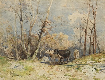 Paolo Sala (Milano 1859 - 1924)"Paesaggio con mucche al pascolo"acquerello...