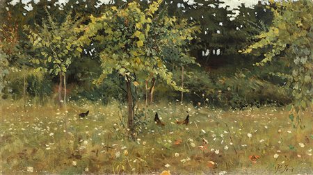 Pio Joris (Roma 1843 - 1921)"Paesaggio con galline"olio su tela applicata a...