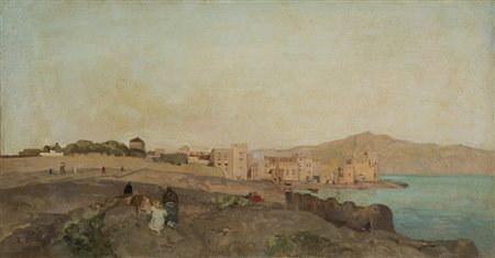 Edoardo Dalbono (Napoli 1841 - 1915)"Paesaggio costiero con figure"olio su...