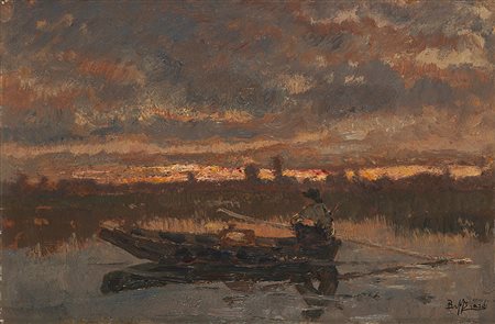 Beppe Ciardi (Venezia 1875 - Quinto 1932)"Pescatore al tramonto" olio su...