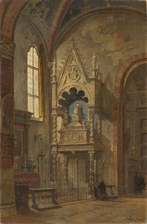 Arturo Ferrari (Milano 1861 - 1932)"Interno di chiesa"olio su tela (cm...