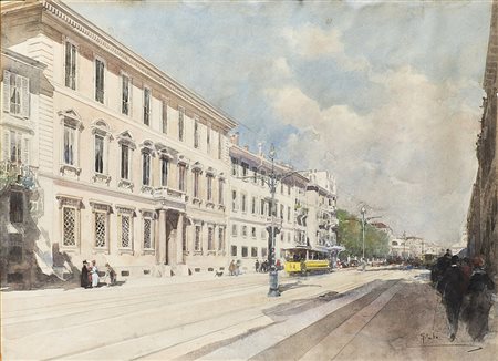 Paolo Sala (Milano 1859 - 1924)"Milano, Corso Venezia" acquerello su cartone...