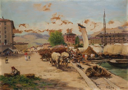 Silvio Poma (Trescore Balneario 1840 - Turate 1932)"Al porto"olio su cartone...