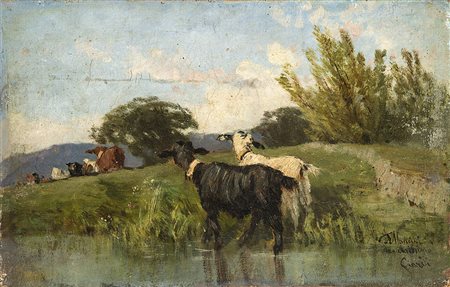 Carlo Mancini (Milano 1829 - 1910)"Armenti al fiume" olio su tela applicata a...