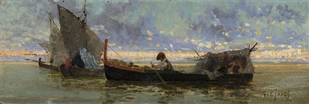 Guglielmo Ciardi (Venezia 1842 - 1917)"Barche in laguna" olio su cartone (cm...