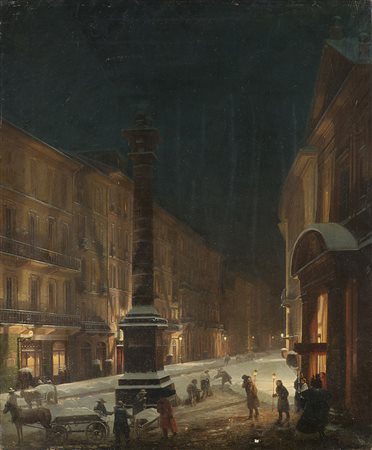 Ignoto del XIX Secolo"Piazzetta San Babila di notte, sotto la neve"olio su...