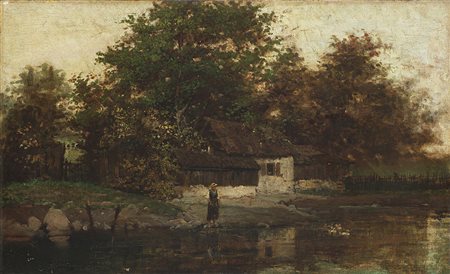 Guglielmo Ciardi (Venezia 1842 - 1917)"La casa sul fiume"olio su tela (cm...