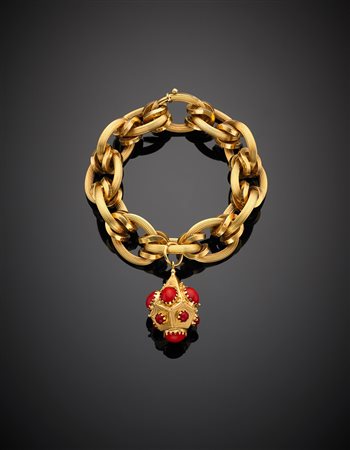 Bracciale in oro giallo a grande rolè ovale liscio, rigato con charm e...