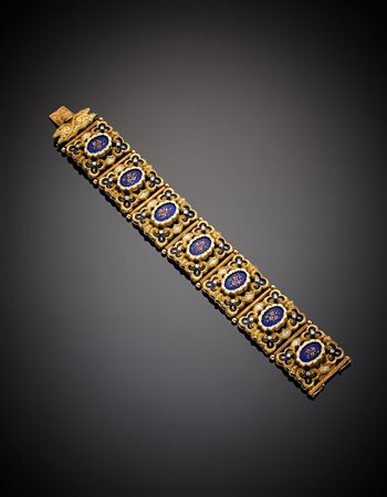 Bracciale modulare in oro giallo e smalto blu, g 98,36, lungh. cm 19, h cm...