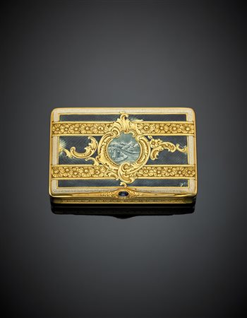 Snuff box in oro giallo rifinita con smalto bianco, guillochè nero e blu...