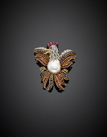 Broche a guisa di gallo in oro giallo e bianco, con diamanti, zaffiri, rubini...