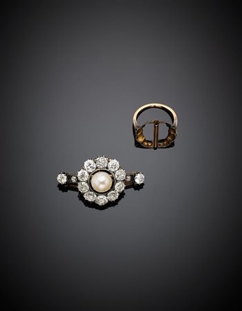 Broche in oro giallo e argento trasformabile in anello con diamanti, per...