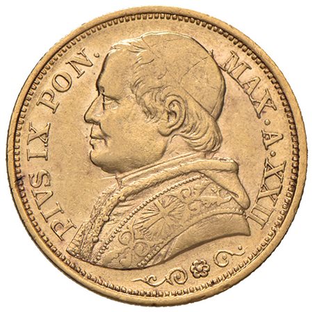 ROMAPio IX (3° periodo,1866-1870). 20 lire 1867/XXII. Pagani 531. Oro. BB