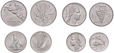 (Dal 1946). Serie di 4 valori (lire 10, 5, 2 e una) 1947. Italma. Molto rara....