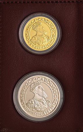 BELGIOElegante astuccio cin due monete con l'effigie di Carlo V: 50 ecu in...