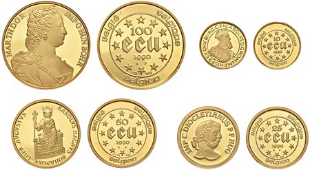 BELGIOElegante astuccio con 4 monete (da 100, 50, 25, 10 ecu 1990).PROOF.
