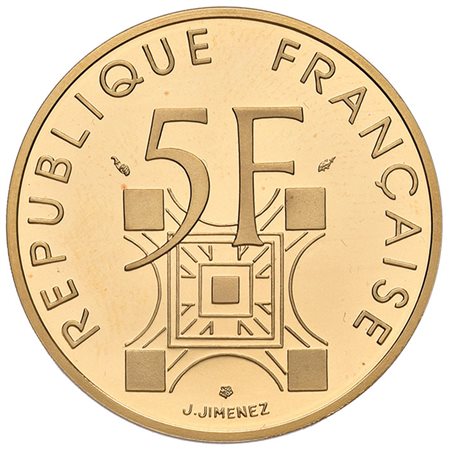 FRANCIA. Repubblica. 5 franchi in oro 1889/1989 "Tour Eiffel". FDC. In astuccio