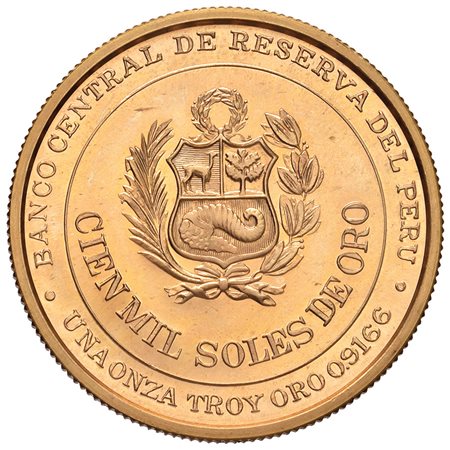 PERU'100.000 soles 1979, Francisco Bolognesi in oro. PROOF.