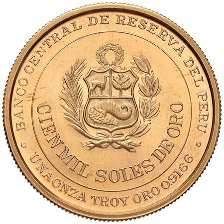 PERU'100.000 soles 1979, Andreas A. Caceres, in oro. PROOF.