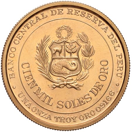 PERU'100.000 soles 1979, Miguel Grau, in oro. PROOF.