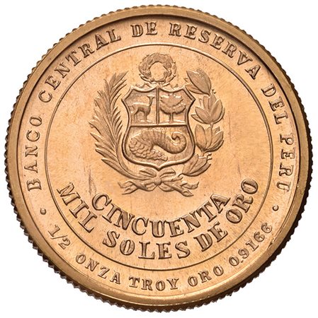 PERU'50.000 soles 1979, Alfonso Ugarte, in oro. PROOF.