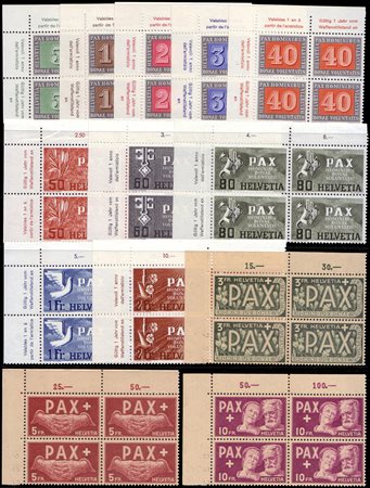 [SVIZZERA] 1945"Pax". Serie completa di 13 valori in quartine angolo di...