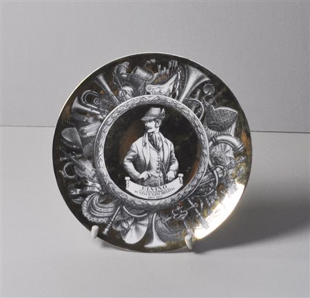 Piero Fornasetti Teller;Siebdruckkeramik, Durchmesser 25,7 cm, Serie...