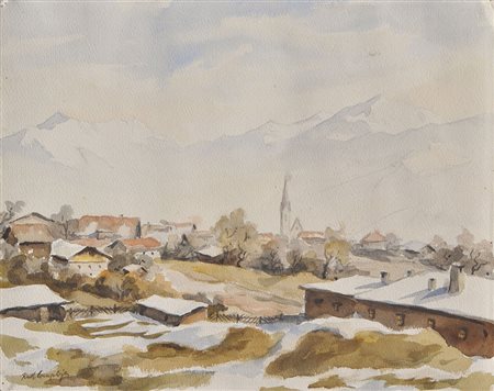 Rudolf Complojer Dorf in Südtirol;Aquarell, 26,8 x 33,8 cm Signiert
