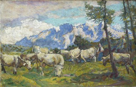 Hans Josef Weber-Tyrol Kühe auf der Weide mit Latemar, 1941;Öl auf Leinwand,...