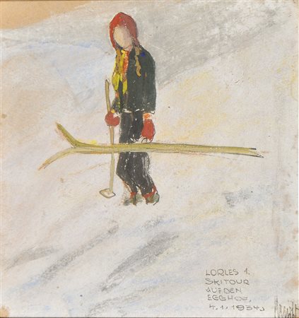 Josef Arnold Lorles 1. Skitour auf den Egghof/Oberperfuss, 4.1.1932;Gouache,...