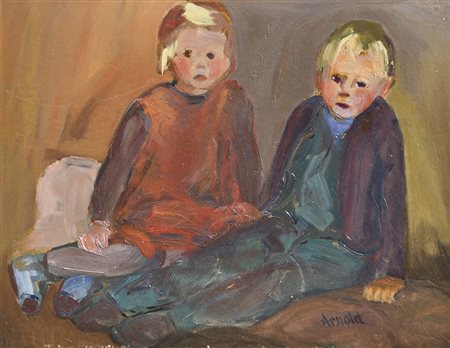 Lore Maurer Arnold (Innsbruck 1923 – 1960) Zwei Kinder;Öl auf Holz, 25 x 31,7...