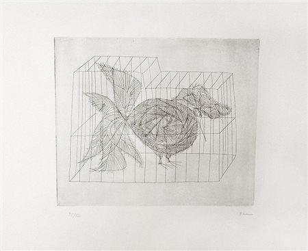 Paul Flora Vogel im Käfig, 1961;Radierung, 53,5 x 75,5 cm Signiert u....