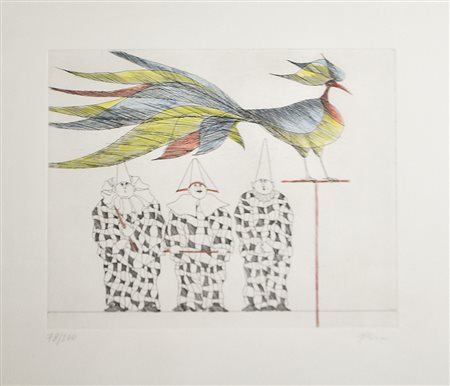 Paul Flora Harlekine und Pfau;Kolorierte Radierung, 19,5 x 24,5 cm (Platte),...