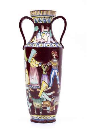 PINTO - VIETRI Grande vaso ad anfora, anni ‘50 Terracotta dipinta con scene...