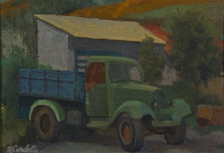 UMBERTO CARABELLA Paesaggio con furgone Olio su tavola, 24 x 34,5 cm Firma in...