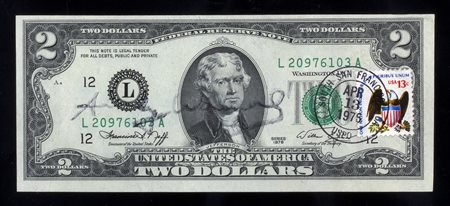 ANDY WARHOL 2 Jefferson's Dollars, 1976 6,7 x 15,7 cm Firma sul fronte con...